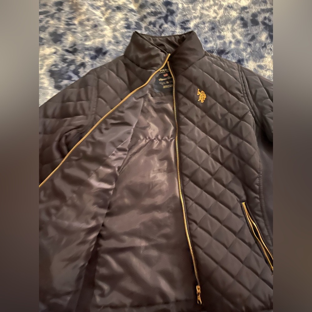 U.S. Polo Assn. Black Quilted Puffer Jacket with Gold Accents